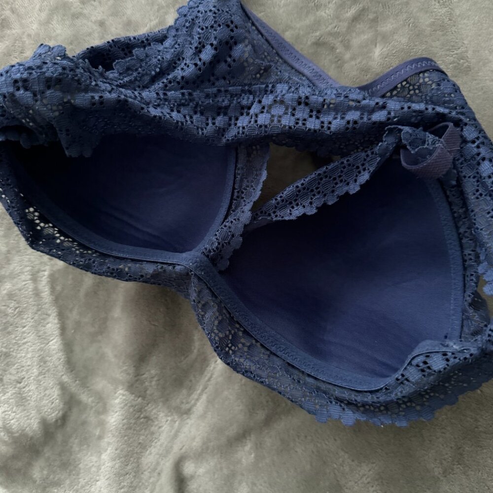 EUC Aerie Bralette Bra Lace Stretch Cross Back Embroidery Floral Deep Blue Sz M - Picture 5 of 5